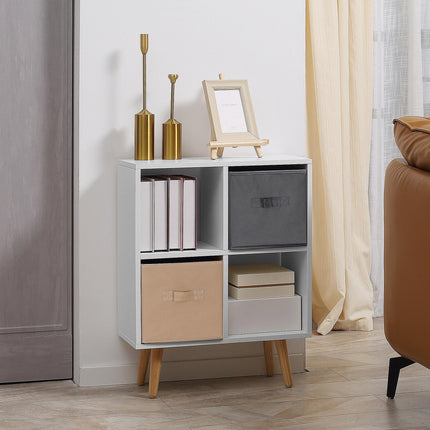 4 Cube Freestanding Storage Cabinet with 2 Fabric Drawers Handles 54.5L x 24W x 69.5H cm - White Brown Grey