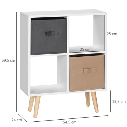 4 Cube Freestanding Storage Cabinet with 2 Fabric Drawers Handles 54.5L x 24W x 69.5H cm - White Brown Grey