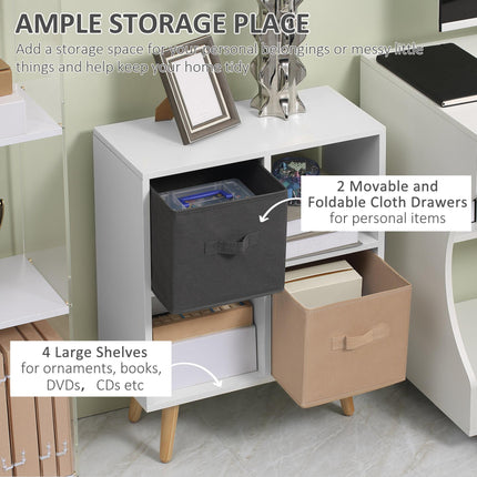 4 Cube Freestanding Storage Cabinet with 2 Fabric Drawers Handles 54.5L x 24W x 69.5H cm - White Brown Grey
