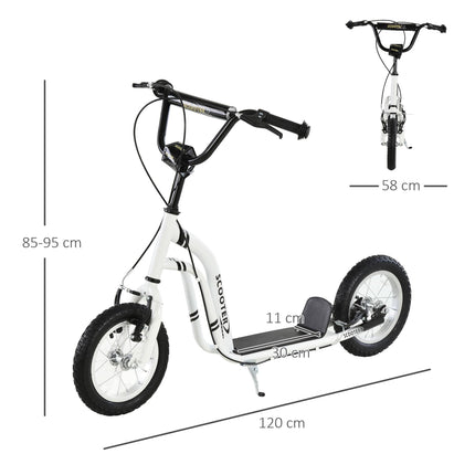 Youth Scooter with 12-Inch Inflatable Front Wheel and Dual Front & Rear Caliper Brakes - White