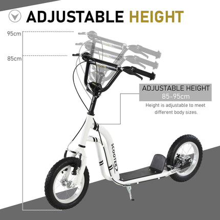 Youth Scooter with 12-Inch Inflatable Front Wheel and Dual Front & Rear Caliper Brakes - White