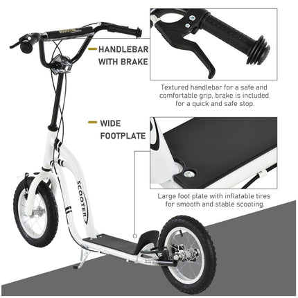Youth Scooter with 12-Inch Inflatable Front Wheel and Dual Front & Rear Caliper Brakes - White