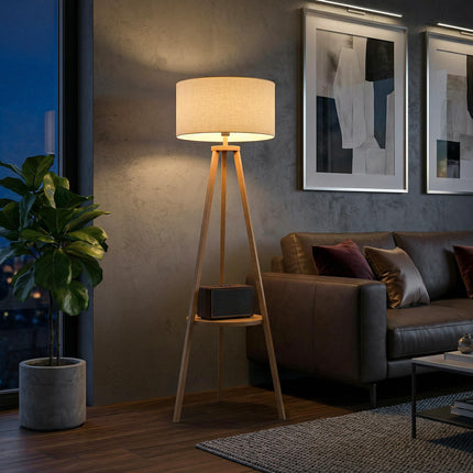 Freestanding Tripod Floor Lamp with Storage Shelf 154cm Linen Shade - Cream