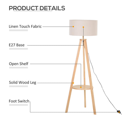 Freestanding Tripod Floor Lamp with Storage Shelf 154cm Linen Shade - Cream