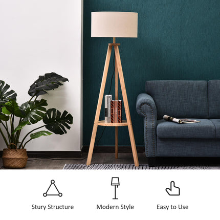 Freestanding Tripod Floor Lamp with Storage Shelf 154cm Linen Shade - Cream