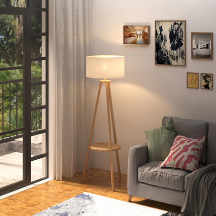 Freestanding Tripod Floor Lamp with Storage Shelf 154cm Linen Shade - Cream