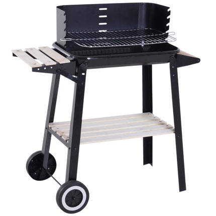 Charcoal BBQ Grill Trolley with Side Trays, Storage Shelf & Wheels - Black