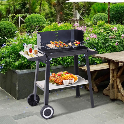 Charcoal BBQ Grill Trolley with Side Trays, Storage Shelf & Wheels - Black