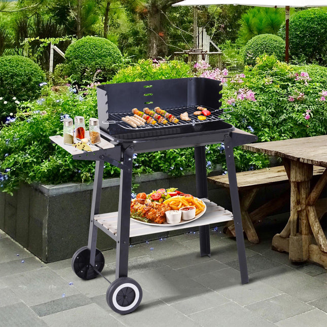 Charcoal BBQ Grill Trolley with Side Trays, Storage Shelf & Wheels - Black
