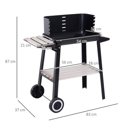 Charcoal BBQ Grill Trolley with Side Trays, Storage Shelf & Wheels - Black