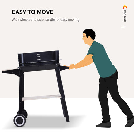 Charcoal BBQ Grill Trolley with Side Trays, Storage Shelf & Wheels - Black