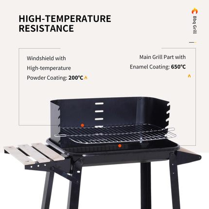 Charcoal BBQ Grill Trolley with Side Trays, Storage Shelf & Wheels - Black