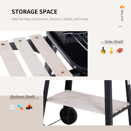 Charcoal BBQ Grill Trolley with Side Trays, Storage Shelf & Wheels - Black