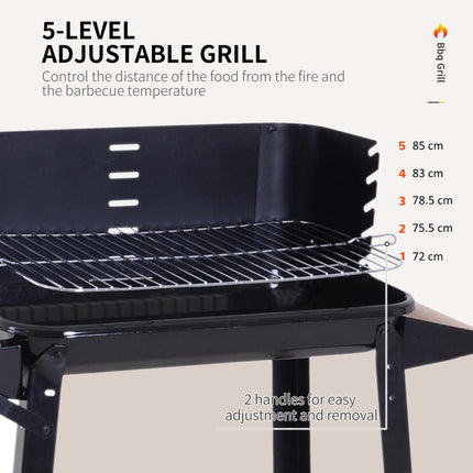 Charcoal BBQ Grill Trolley with Side Trays, Storage Shelf & Wheels - Black