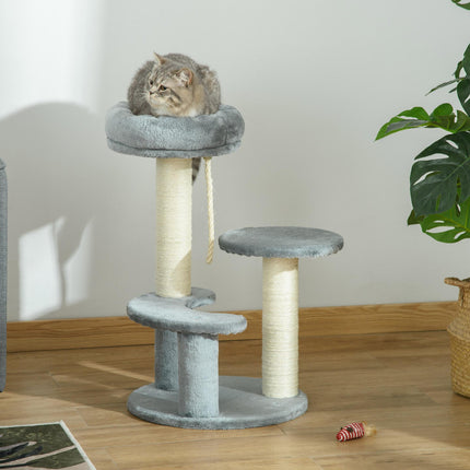 65 cm Cat Tree with 2 Perches, Sisal Scratching Post & Hanging Rope Kitten Activity Center - Grey