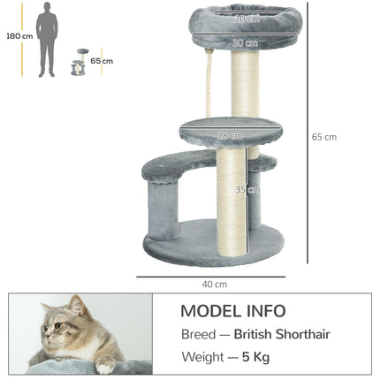 65 cm Cat Tree with 2 Perches, Sisal Scratching Post & Hanging Rope Kitten Activity Center - Grey