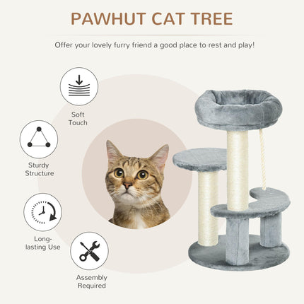 65 cm Cat Tree with 2 Perches, Sisal Scratching Post & Hanging Rope Kitten Activity Center - Grey