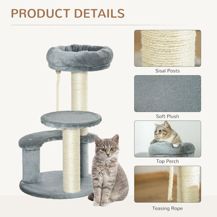 65 cm Cat Tree with 2 Perches, Sisal Scratching Post & Hanging Rope Kitten Activity Center - Grey