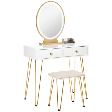 Dressing Table Set with LED Light, Round Mirror, 2 Drawers & Cushioned Stool - White