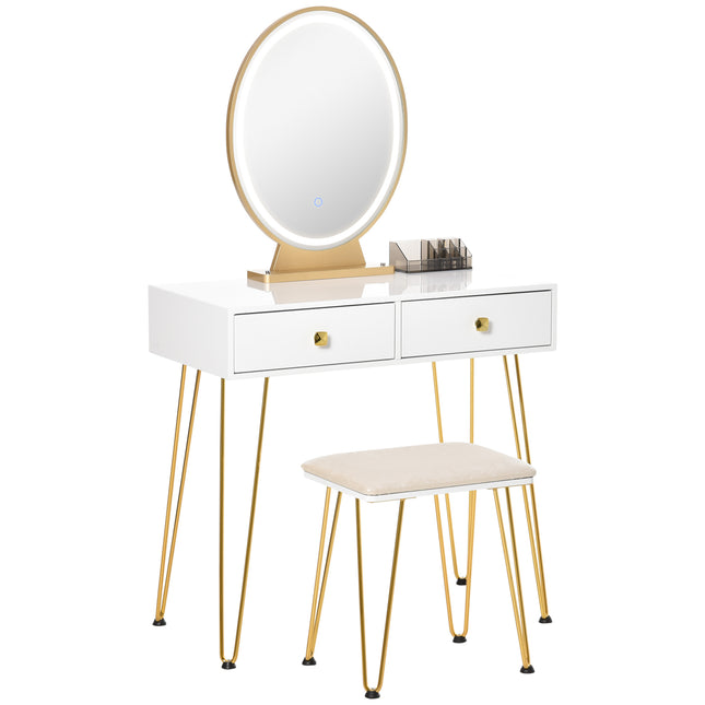 Dressing Table Set with LED Light, Round Mirror, 2 Drawers & Cushioned Stool - White