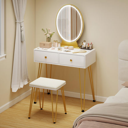 Dressing Table Set with LED Light, Round Mirror, 2 Drawers & Cushioned Stool - White