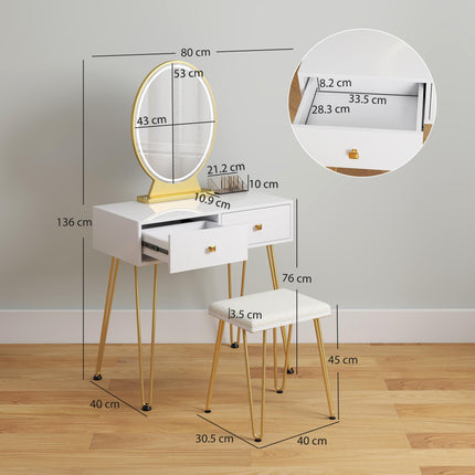 Dressing Table Set with LED Light, Round Mirror, 2 Drawers & Cushioned Stool - White