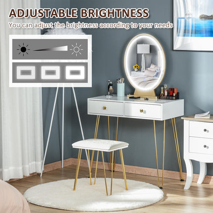 Dressing Table Set with LED Light, Round Mirror, 2 Drawers & Cushioned Stool - White