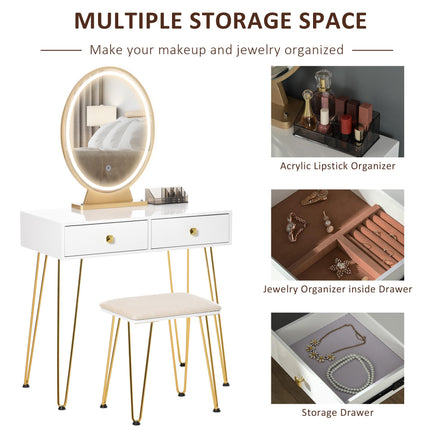 Dressing Table Set with LED Light, Round Mirror, 2 Drawers & Cushioned Stool - White
