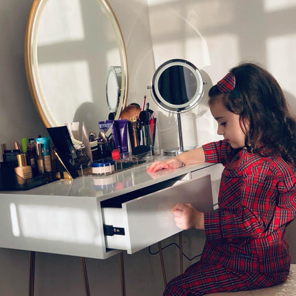 Dressing Table Set with LED Light, Round Mirror, 2 Drawers & Cushioned Stool - White