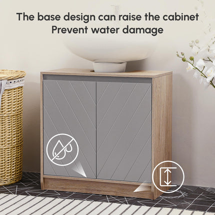 Under Sink Storage Cabinet with Adjustable Shelf 2 Doors Floor Standing Bathroom Cupboard - Grey Oak