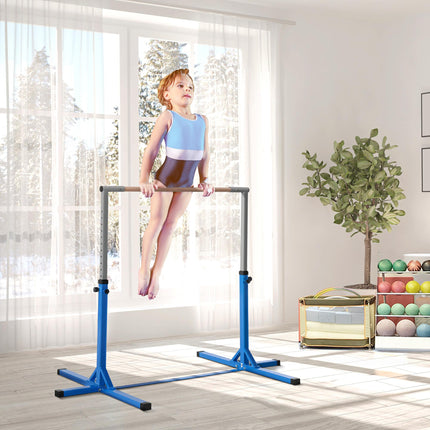 Height Adjustable Kids Gymnastics Horizontal Bar with Steel Frame and Wood Top - Blue