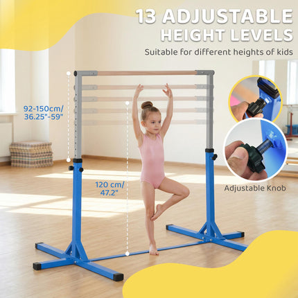 Height Adjustable Kids Gymnastics Horizontal Bar with Steel Frame and Wood Top - Blue