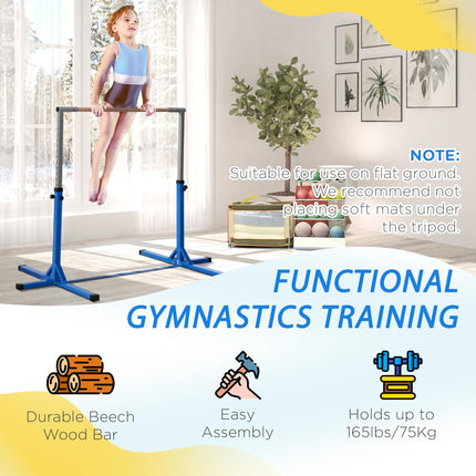 Height Adjustable Kids Gymnastics Horizontal Bar with Steel Frame and Wood Top - Blue