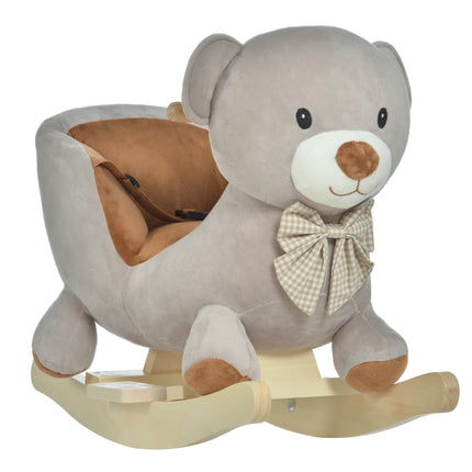 Kids Plush Bear Rocking Horse Ride-On with Sound, Wood Base & Safety Belt - Grey