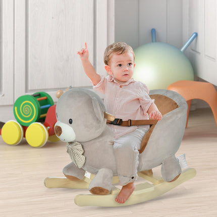 Kids Plush Bear Rocking Horse Ride-On with Sound, Wood Base & Safety Belt - Grey