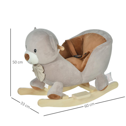Kids Plush Bear Rocking Horse Ride-On with Sound, Wood Base & Safety Belt - Grey