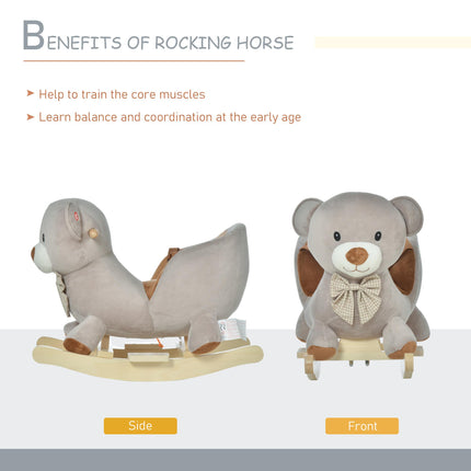 Kids Plush Bear Rocking Horse Ride-On with Sound, Wood Base & Safety Belt - Grey
