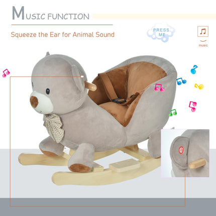 Kids Plush Bear Rocking Horse Ride-On with Sound, Wood Base & Safety Belt - Grey
