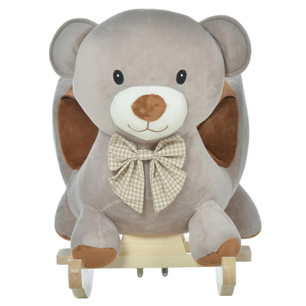 Kids Plush Bear Rocking Horse Ride-On with Sound, Wood Base & Safety Belt - Grey