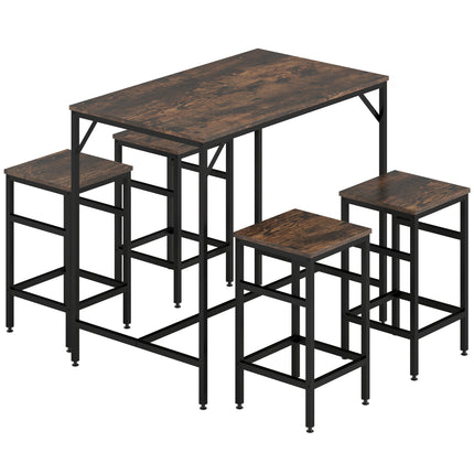 Industrial Rectangular Bar Table Set with 4 Stools for Dining Room Kitchen Dinette - Black Rustic Brown