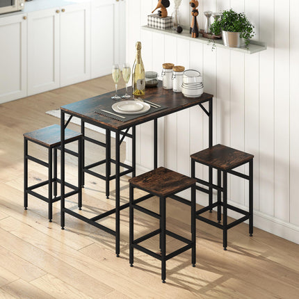Industrial Rectangular Bar Table Set with 4 Stools for Dining Room Kitchen Dinette - Black Rustic Brown