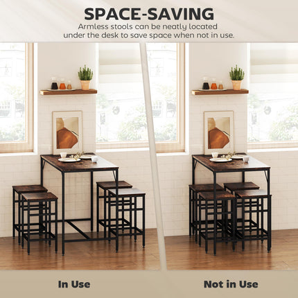 Industrial Rectangular Bar Table Set with 4 Stools for Dining Room Kitchen Dinette - Black Rustic Brown