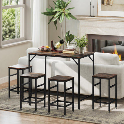 Industrial Rectangular Bar Table Set with 4 Stools for Dining Room Kitchen Dinette - Black Rustic Brown