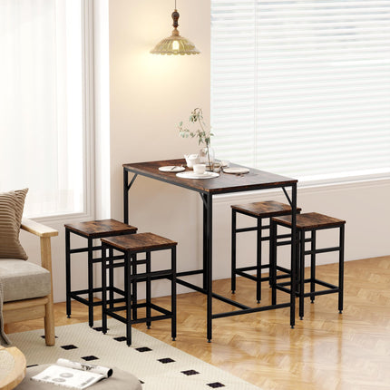 Industrial Rectangular Bar Table Set with 4 Stools for Dining Room Kitchen Dinette - Black Rustic Brown