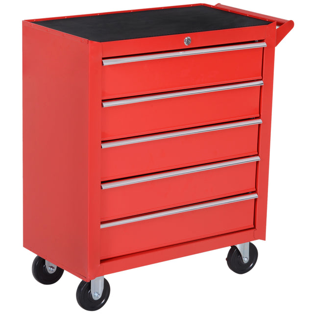 5 Drawer Roller Tool Cabinet Workshop Chest with Handle and Wheels - Red