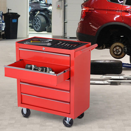 5 Drawer Roller Tool Cabinet Workshop Chest with Handle and Wheels - Red