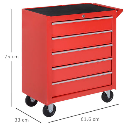 5 Drawer Roller Tool Cabinet Workshop Chest with Handle and Wheels - Red