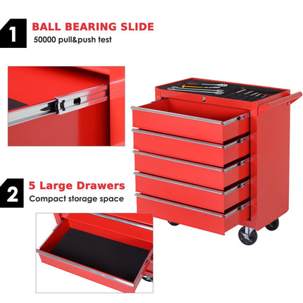 5 Drawer Roller Tool Cabinet Workshop Chest with Handle and Wheels - Red
