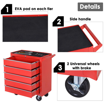 5 Drawer Roller Tool Cabinet Workshop Chest with Handle and Wheels - Red