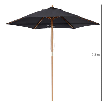 2.5m Wooden Garden Patio Parasol with Pulley Mechanism - Black